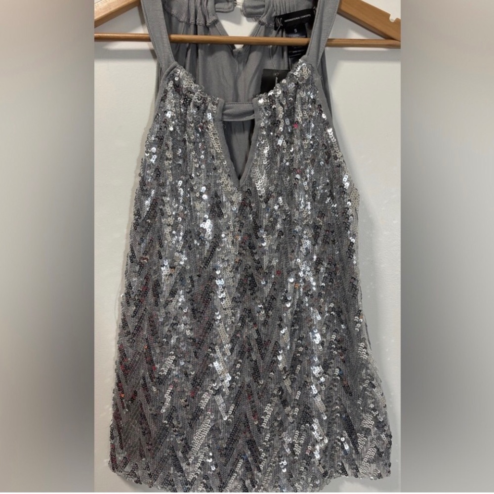 INC INTERNATIONAL CONCEPT SilverSequins Chevron Pattern Halter Top NWT S